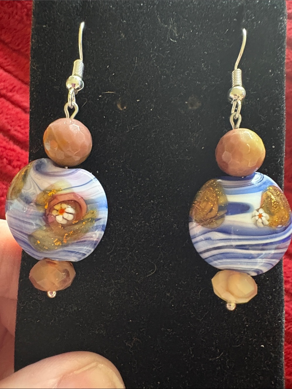 Hand Crafted Blue Painted Swirl Glass and Faceted Stone Drop Earrings